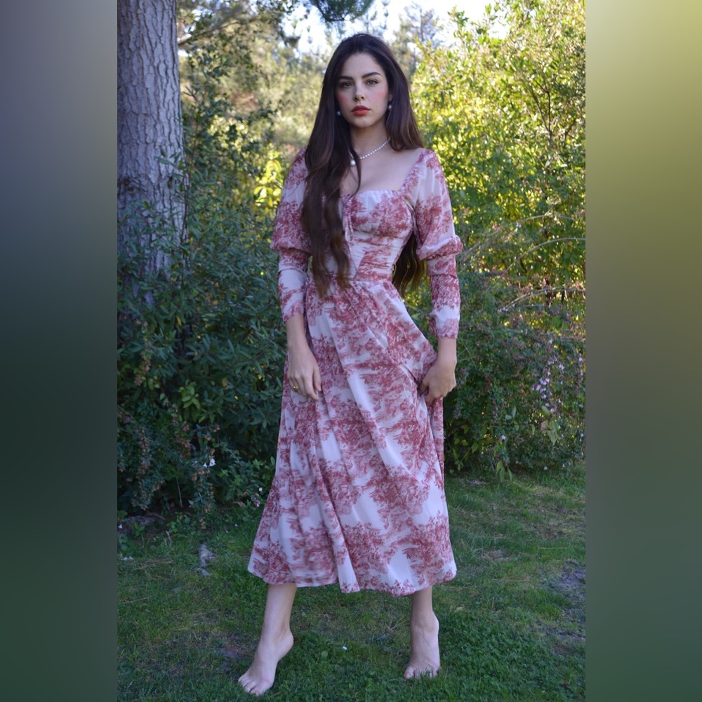 Cottagecore Autumn Red Toile Dress